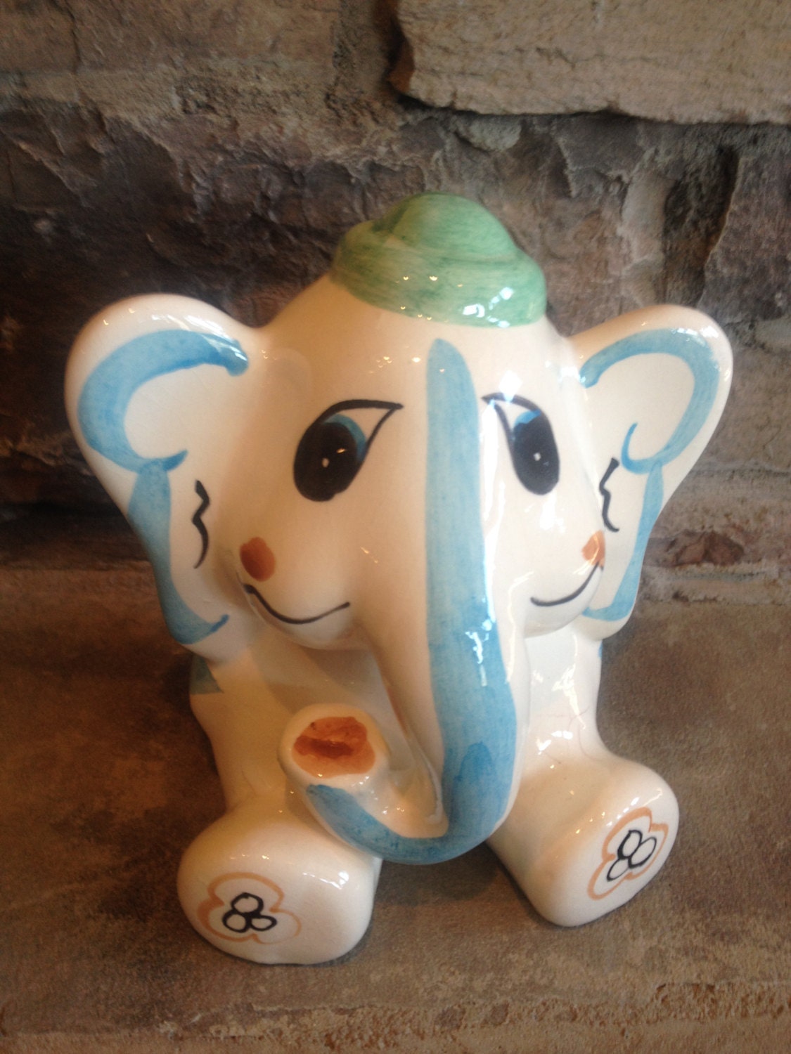 Vintage Baby Elephant Bank Old Coin Hand Painted Ceramic