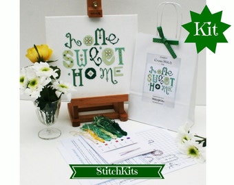 Cross Stitch Kit, Home Sweet Home, Modern Green Daisy Design by Ruth Caig