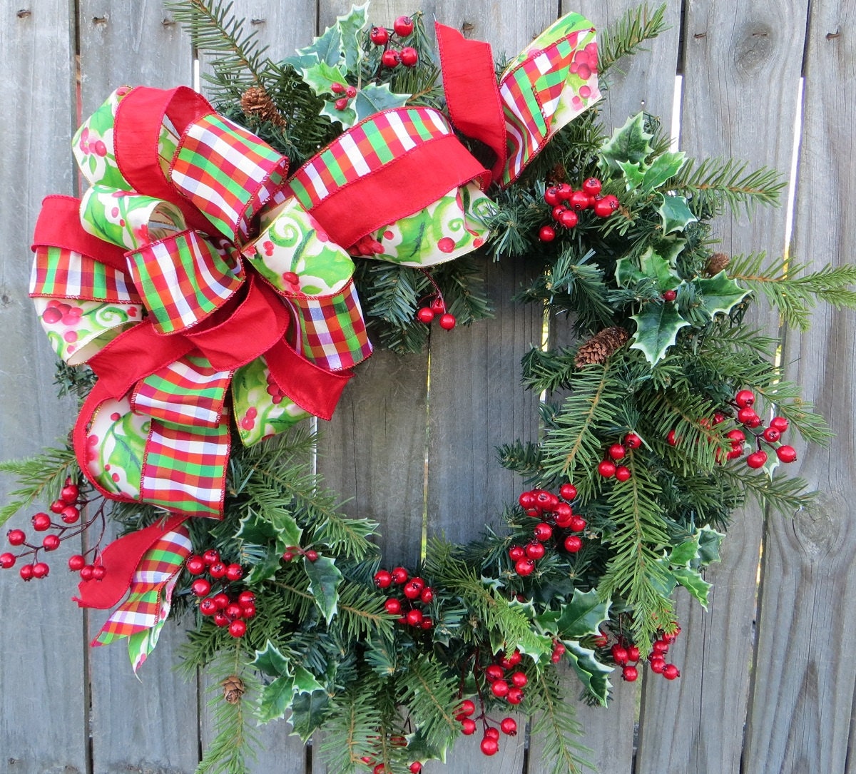 Holiday / Christmas Wreath - Christmas Time Wreath, Bright Holly Berry Bow, Holly Berry Wreath, Christmas Welcome, Horns Handmade