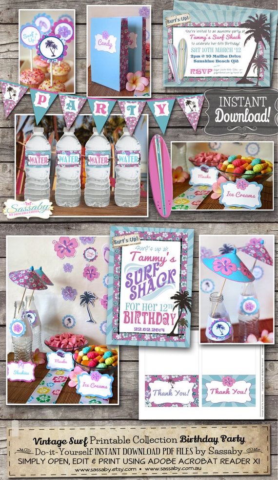 Vintage Surfer Girl Party Collection - INSTANT DOWNLOAD - Editable & Printable Beach, Tropical Birthday Party Decorations by Sassaby Parties Il_570xn