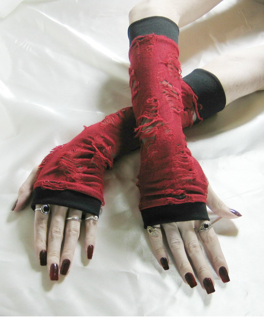 Arm Warmers - Distressed - Blood red rips mesh distress apocalypse steampunk gothic vampire living dead zombie belly dancing horror goth emo