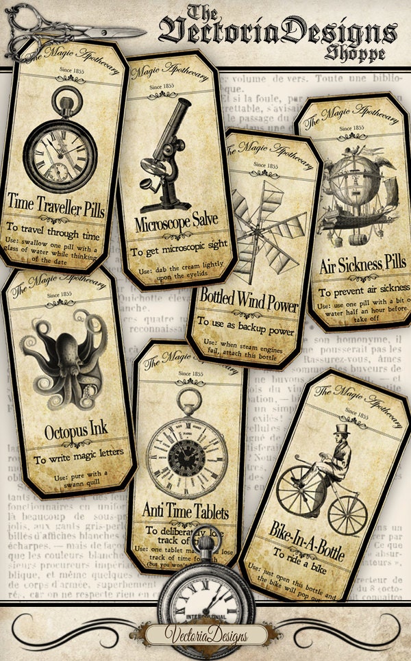 Steampunk Apothecary Bottle Labels Jar Labels Tags Halloween instant download printable images digital collage sheet VD0151