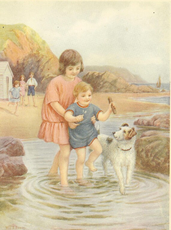1920's Children's Print  Girl and Young Boy Toddler Paddling In Rock Pool Beach Seaside Terrier Dog Vintage Book Plate Book Illustration.
