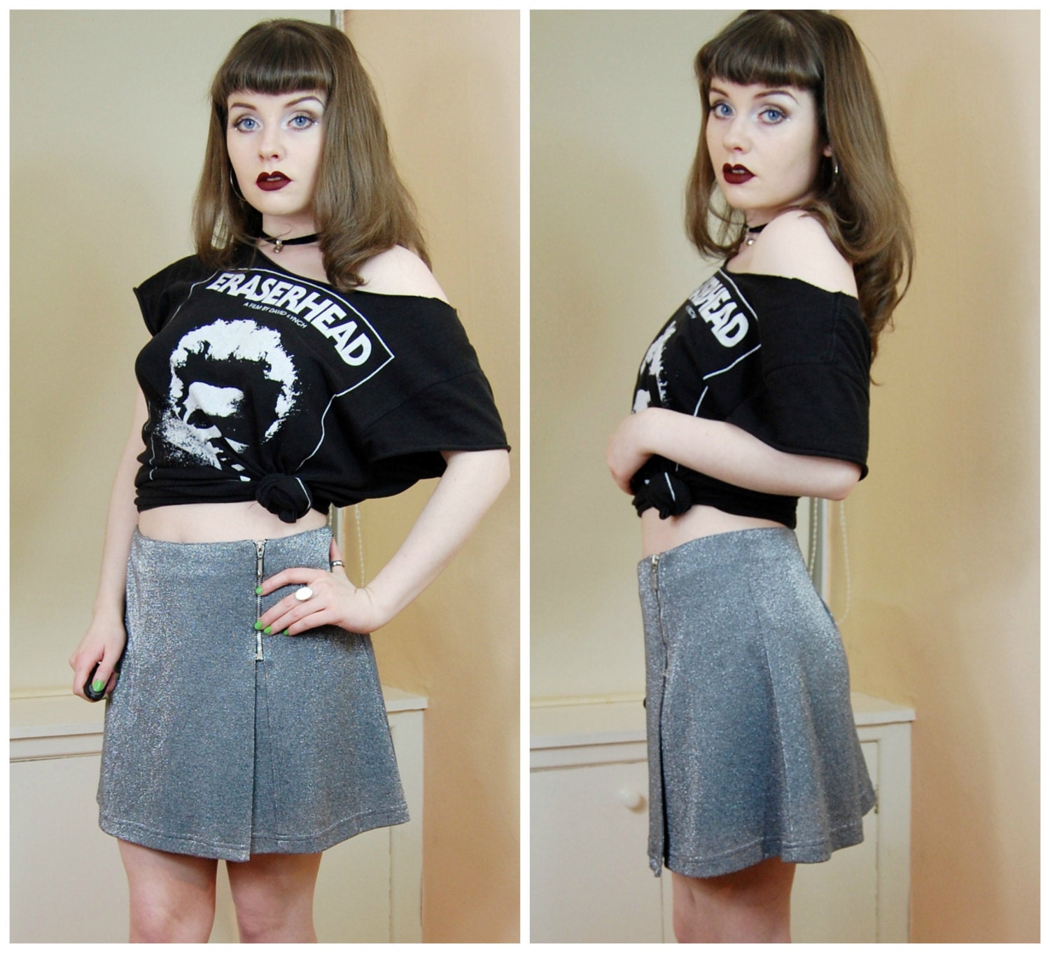 80s 90s Grunge Clubkid Silver Grey Glitter High Waist Wrap Around Side
