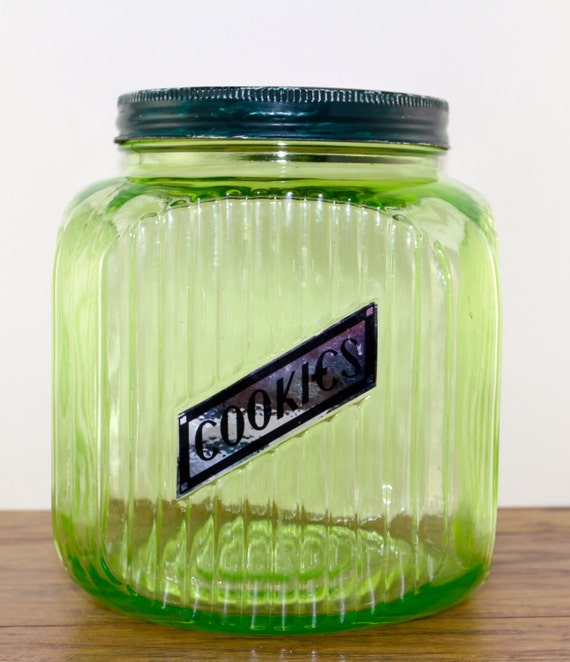 Uranium Glass Cookie Jar. Vaseline Glass. Green Glass. Cookie