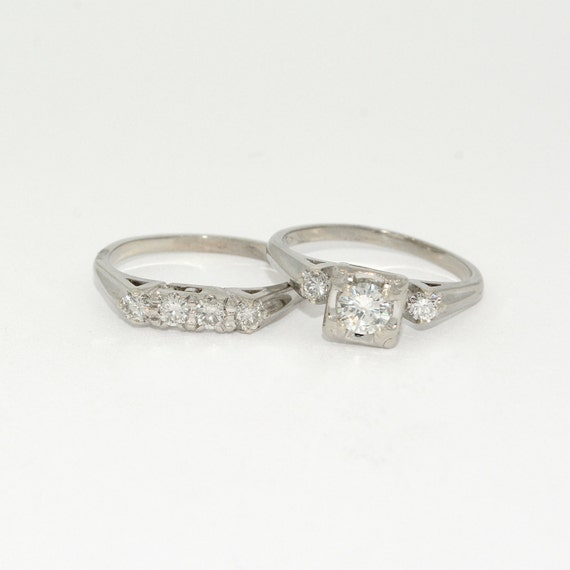 Vintage 1950's Diamond Wedding Ring Set in 14k White Gold