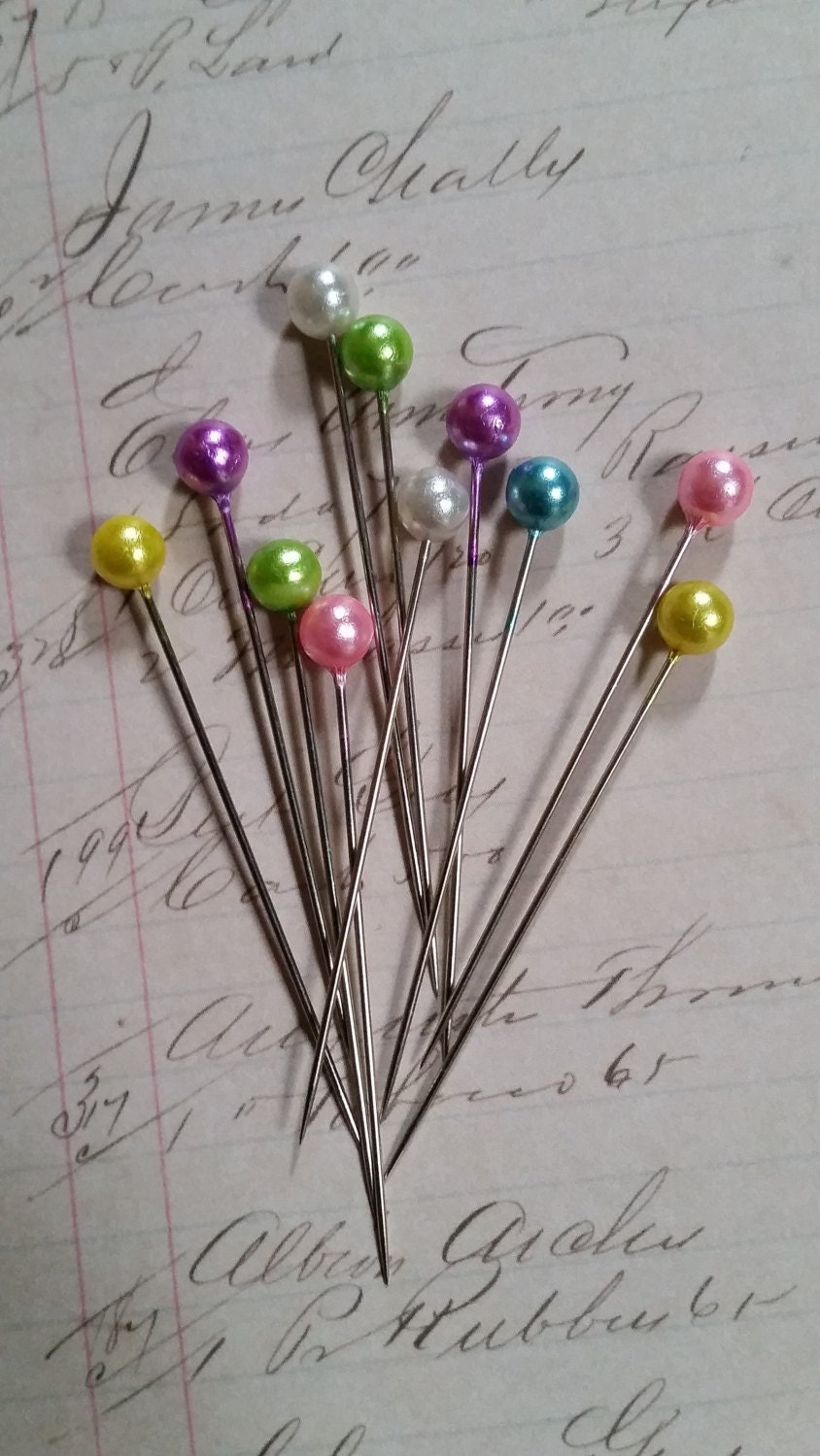 2 Dozen Shiny Vintage Bright Colorful Sewing Stick Pins Faux