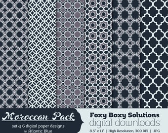 Moroccan Pattern Digital Papers - Atlantic Blue, set of 6 - Printable Instant Download Digital Paper Pack