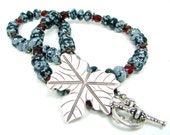 Obsidian Stone Necklace, Gemstone Leaf Necklace, Hill Tribe Leaf Pendant, Snowflake Obsidian Pendant
