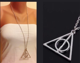 Harry Potter Deathly Hallows Necklace, Antique Silver Long Necklace, Movie Necklace, Movie Jewelry, Wizard, Hogwarts,Harry Potter Symbol