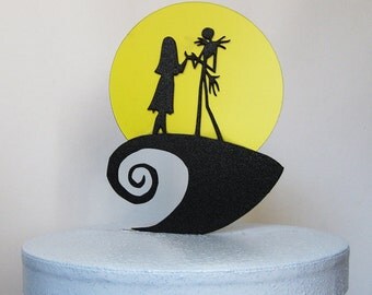 Wedding Cake Topper -The Nightmare Before Christmas Jack and Sally silhouette with a yellow moon
