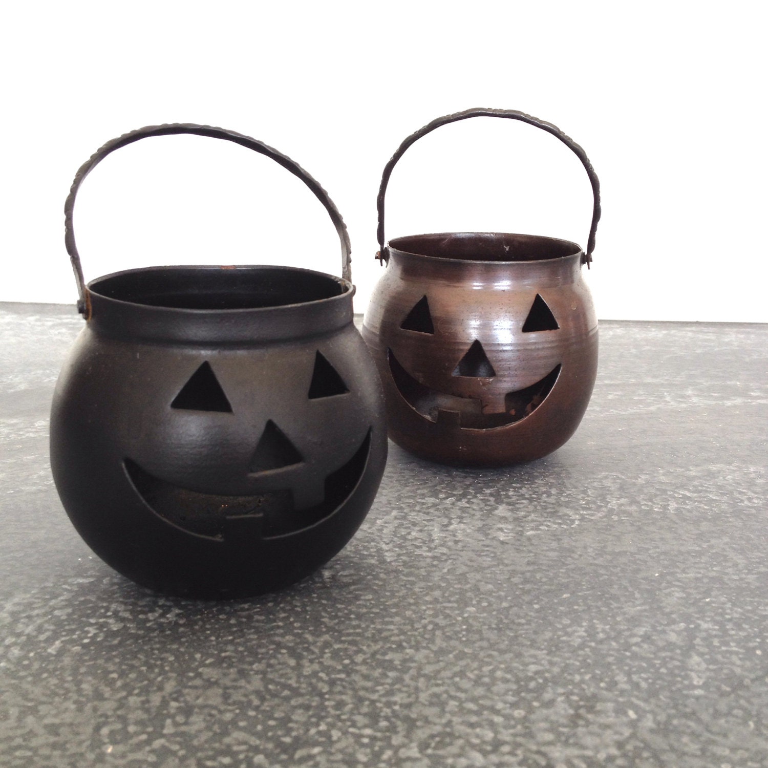Vintage Hosley Metal Pumpkin Candle holders Halloween Decor