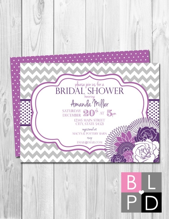 Bridal Shower Invitation Chevron Stripes & Floral - Purple, Grey - BACKSIDE INCLUDED - DIY - Printable Il_570xn