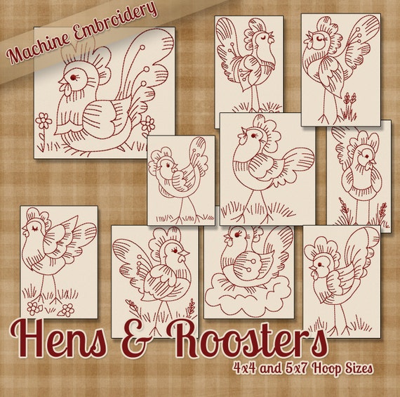 Redwork Hens And Roosters Machine Embroidery Patterns 7168