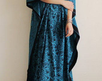 thumbnail image 2 of Handmade Indian Cotton Kaftan – Turquoise Maxi Gown With Floral Print – Plus Size Boho Caftan 2 of 5