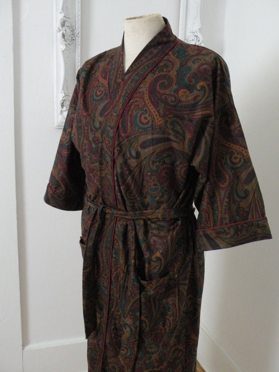 Vintage Burgundy Paisley Flannel Robe Men Dressing Gown Sz M