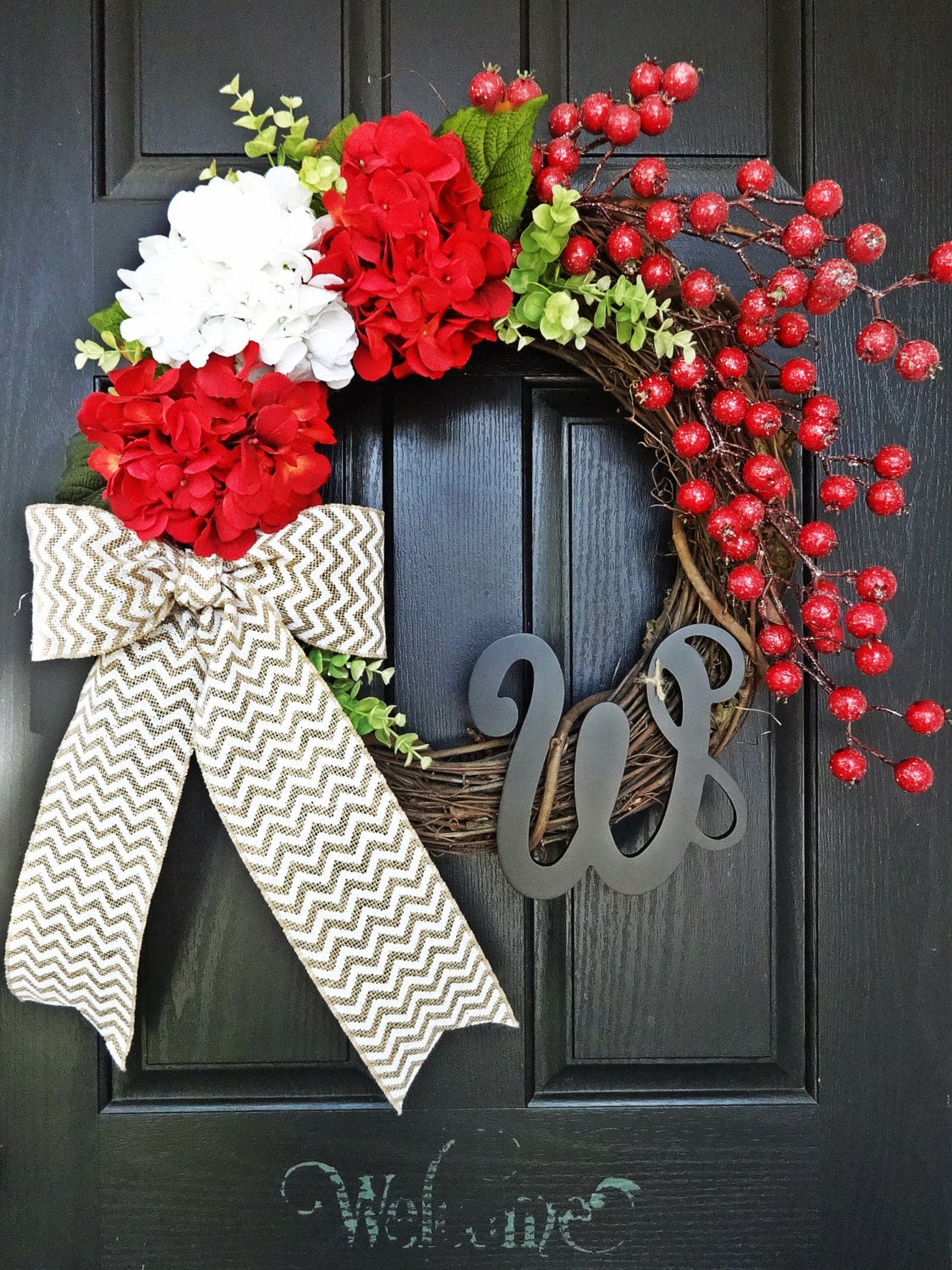 Christmas Berry and Chevron Burlap, Black Monogram Wreath, Chevron Christmas Wreath, Monogram Christmas Wreath, Red Berry Christmas Wreath