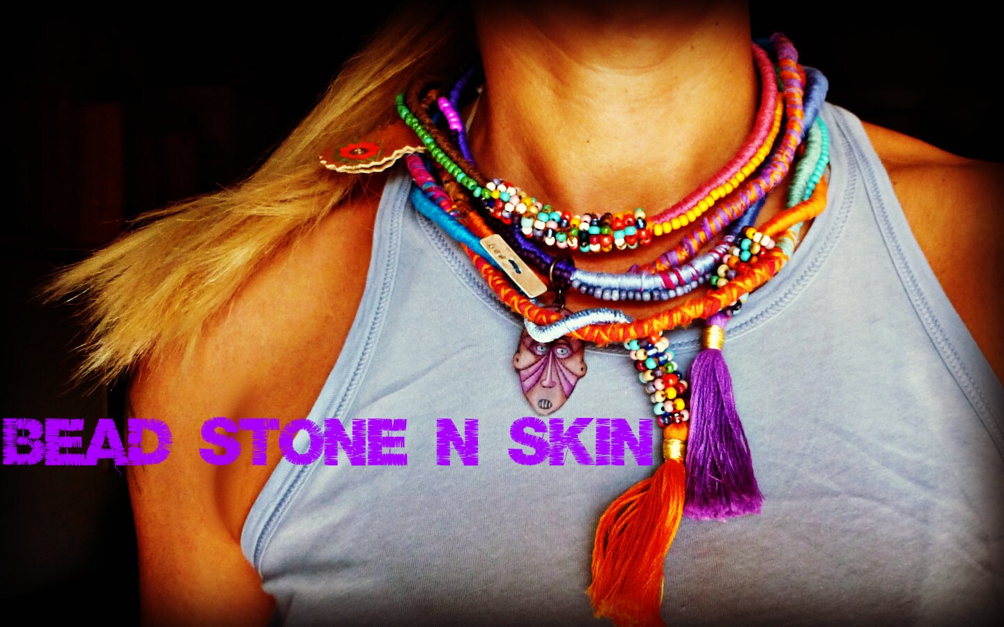 Statement Necklace thread wrapped. beaded rope necklace