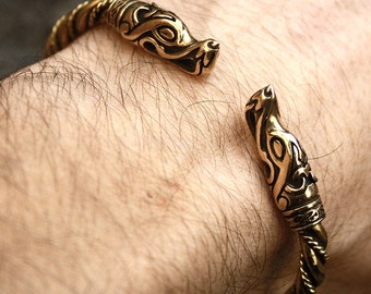 Bronze & Brass Wolf Heads Vikings Nordic Handmade Torc Twisted Wire Bracelet