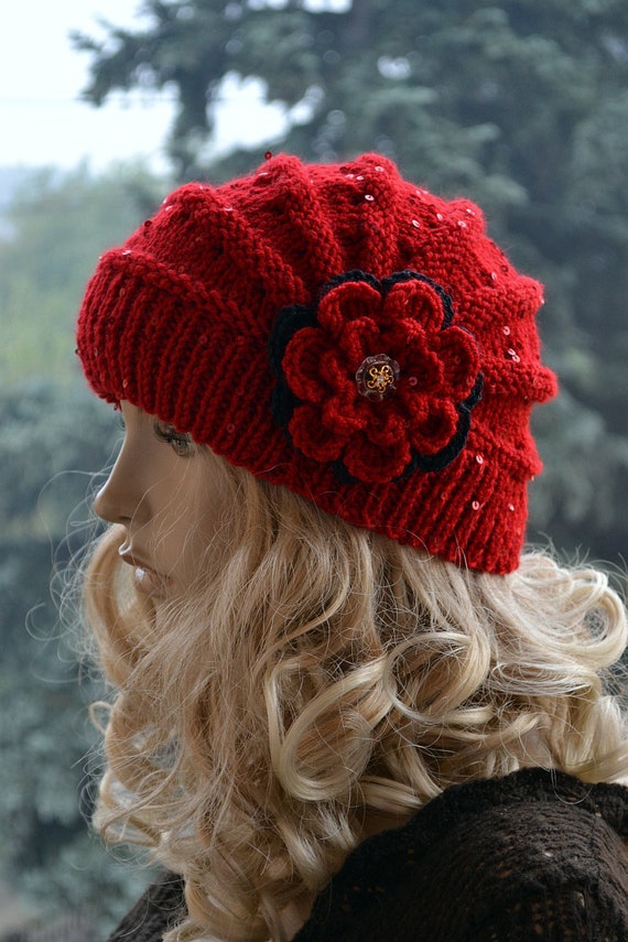 Knitted cap in flower cap / hat lovely warm autumn accessories women clothing Knit Hat Womens lovely red