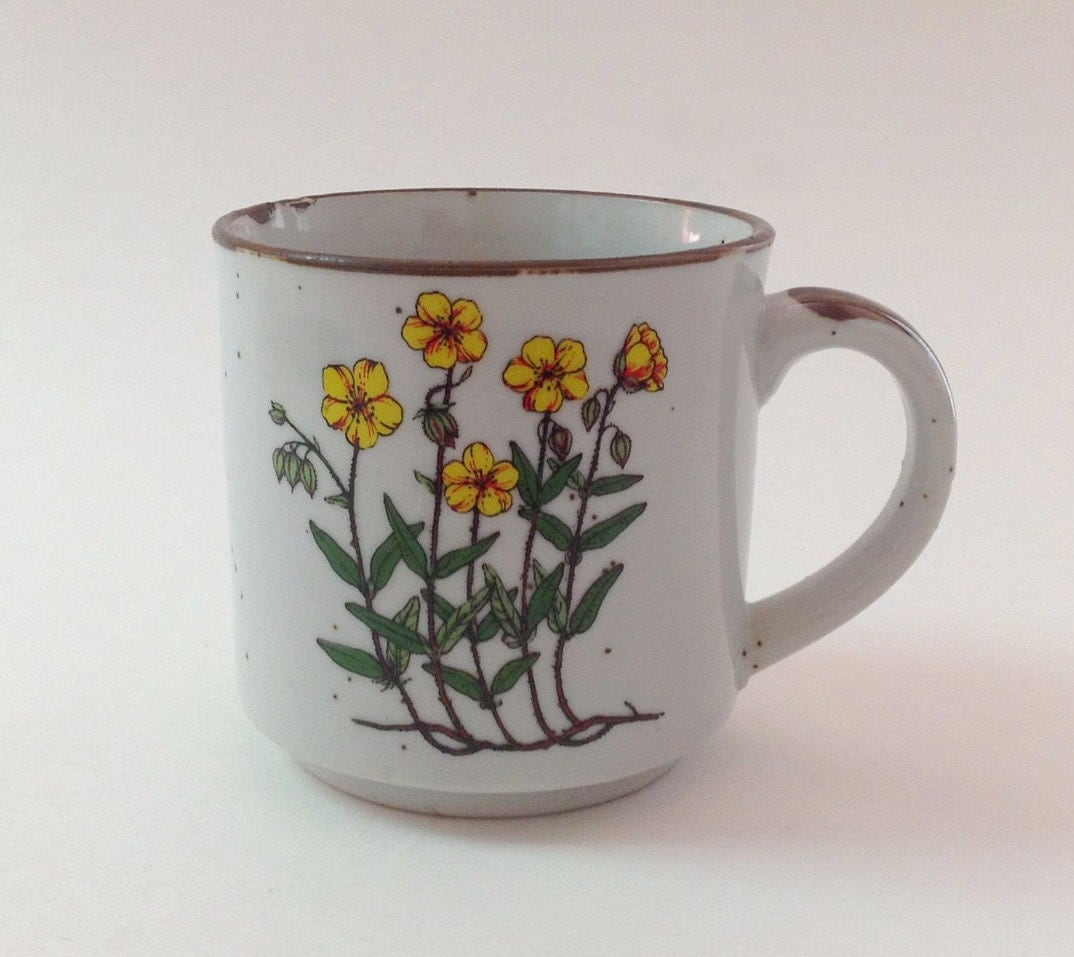 Japanese Stoneware Speckled Mug, Yellow Flowered Vintage Stoneware Mug