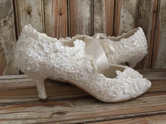 All Lace Victorian Style Bridal Shoe Mid Heel Open Toe Satin