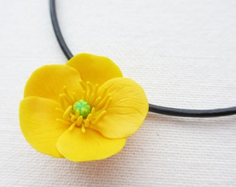 Yellow Buttercup Necklace with Adjustable Leather Necklace