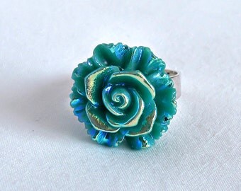 Teal Rose Ring; Rainbow Ring; Green Flower Ring; Resin Rose Jewelry; Teal Green Ring; 20mm Rose Cabochon Ring; Adjustable Statement Ring