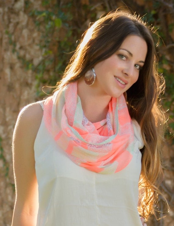 Infinity Scarf, Coral Chevron Infinity Scarf, Light Summer Scarf, Spring fashion Scarf, Coral Scarf w Mint Purple White, Spring Accessories