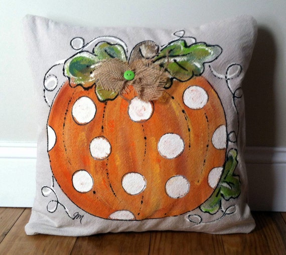 Pillow Cover Polka Dot Pumpkin Handpainted Fall by SippingIcedTea