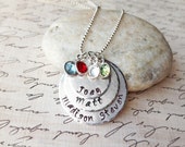 Handstamped Personalized Circle Pendants with a Sterling Silver Necklace and Four Swarovski Crystal Birthstones, Children names, Handmade