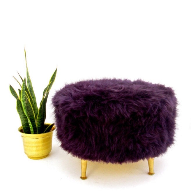 Large Aubergine Faux Fur Round Pouf Ottoman by ElectricMarigold