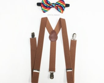 Nœud papillon en bois - MARQUE - D001-C3 - Bretelles rayées assorties - Pour enfants - Garçons