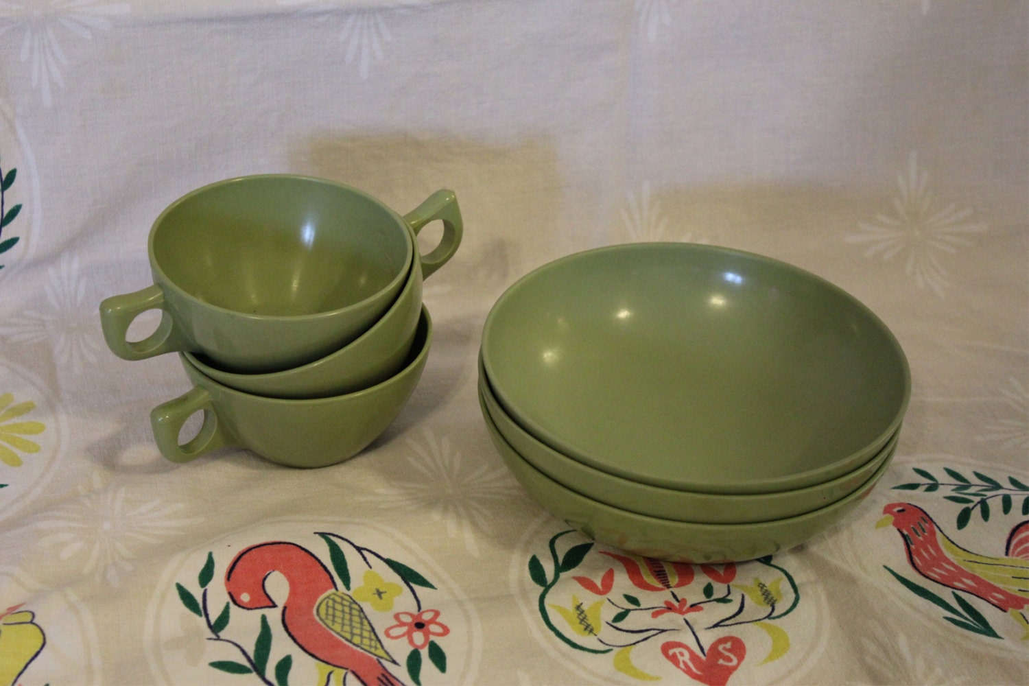 Vintage Plastic Olive Green Cups and Bowls Dinnerware Set of