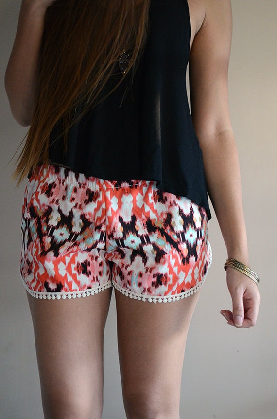 Items similar to Boho Lounge Shorts, Red Shorts, Tribal Print Shorts ...