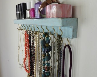 Necklace holder with silver/golden hooks - jewelry storage - shabby chic aqua blue - wall hanging distressedwood - many colors available!