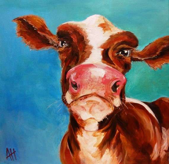 Items similar to How Now Brown Cow; Whimsical and Colorful Cow Painting