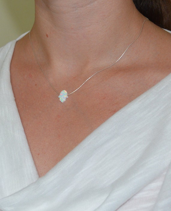 White Opal Hamsa Hand Necklace, Tiny Opal Necklace, simple dainty protection/good luck/evil eye silver necklace, opal jewelry/jewellery