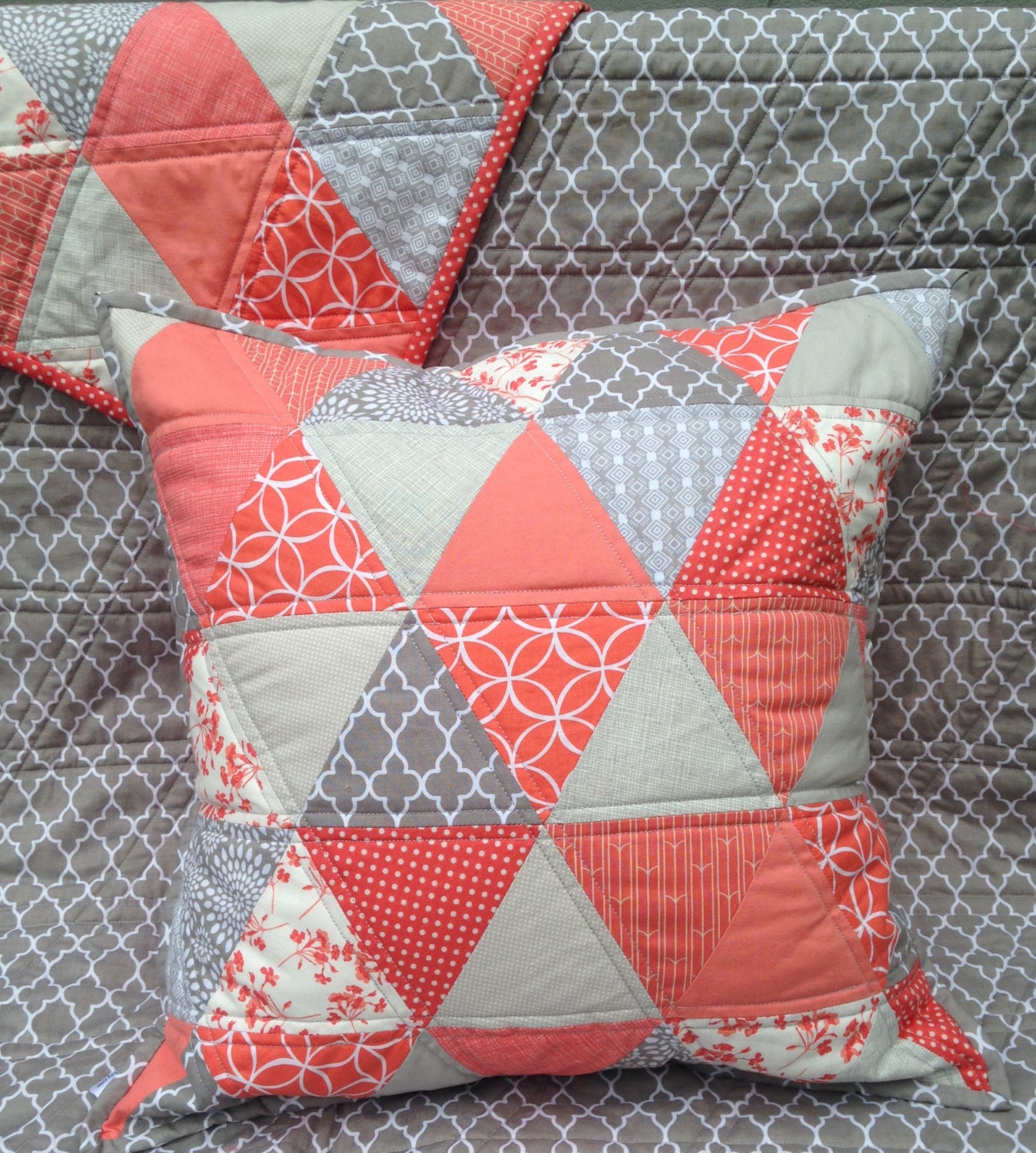 Coral and Grey Baby Triangle Pillow 18 x18 modern bright