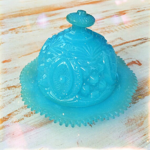 Turkish Blue Pressed Glass Butter Dish With Lid // by ShopKingDude