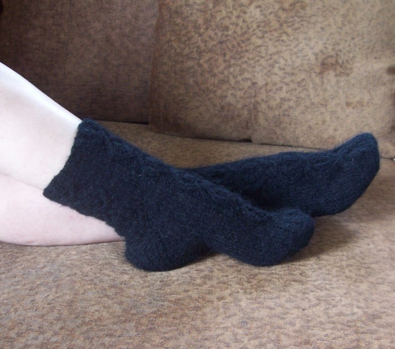 Black Thin Socks Wool Blend Hand Knitted Ladies / Girls