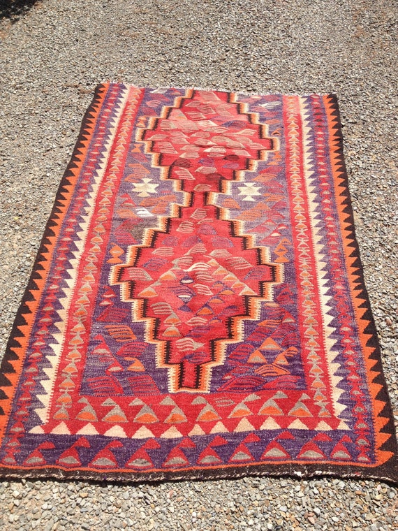 Vintage Persian Kurdish tribal kilim rug Caucasian red vibrant bold ...