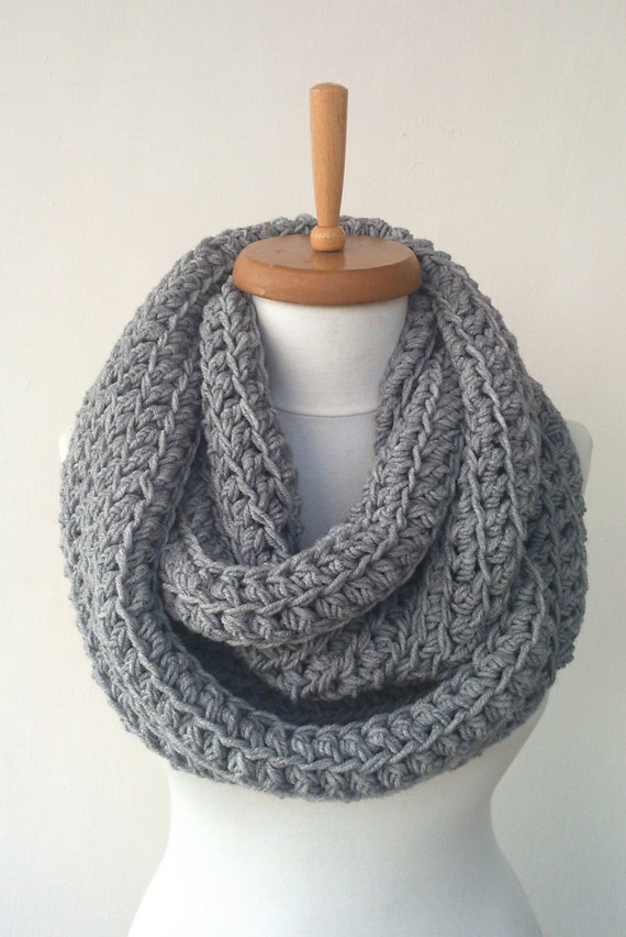 Chunky infinity scarf in Grey Heather wool crochet by StyleScarf