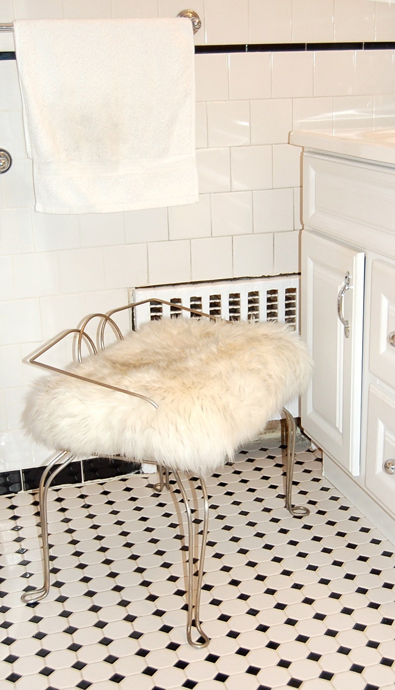 White Fluffy Genuine Sheepskin Metal Stool/ Vanity Seat