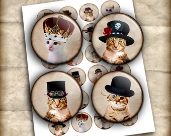 Cats in Hats Printable Images 1" 30mm 35mm 25mm 1.5" for Bottle caps, Pendants - Digital Collage Sheet - Instant Download