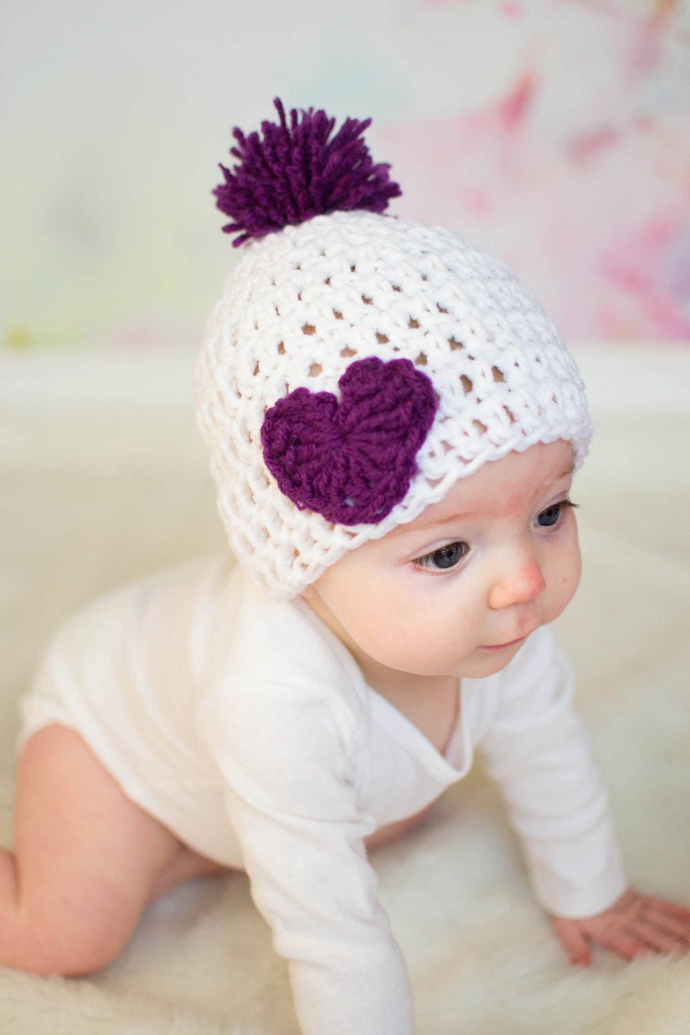 Crochet Baby Hat Valentines Day Hat Baby Heart Hat Purple