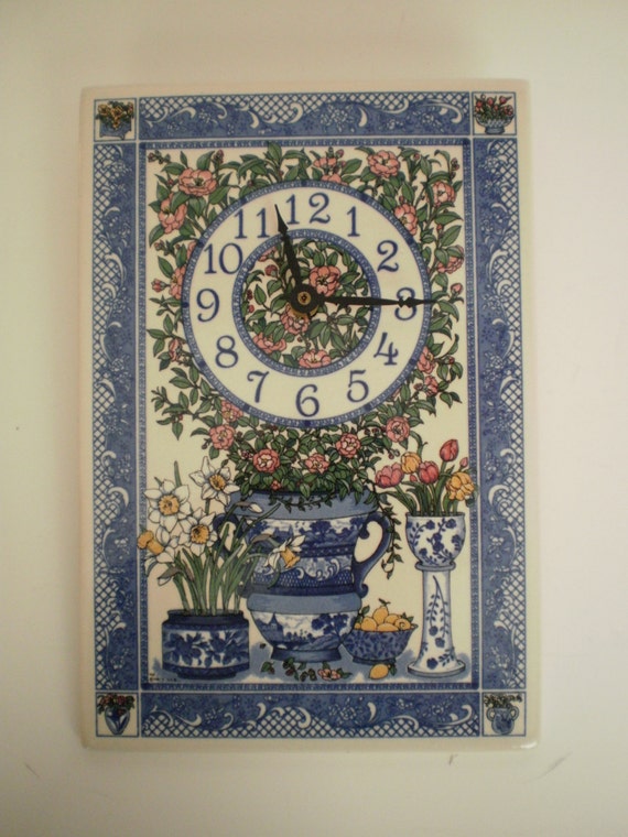 Ceramic Tile Wall Clock with Flowers by Santa Barbara Ceramic