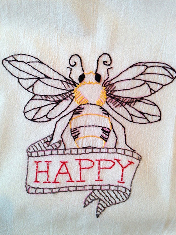 Bee Happy Handembroidered Dish Towel Made by StrongArtsAndCrafts