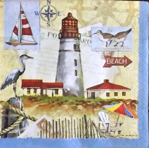 TWO 2 Lighthouse Nautical Paper Cocktail Napkins for