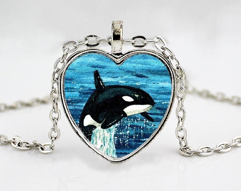 Silver Killer Whale Heart Pendant Necklace Orca Necklace